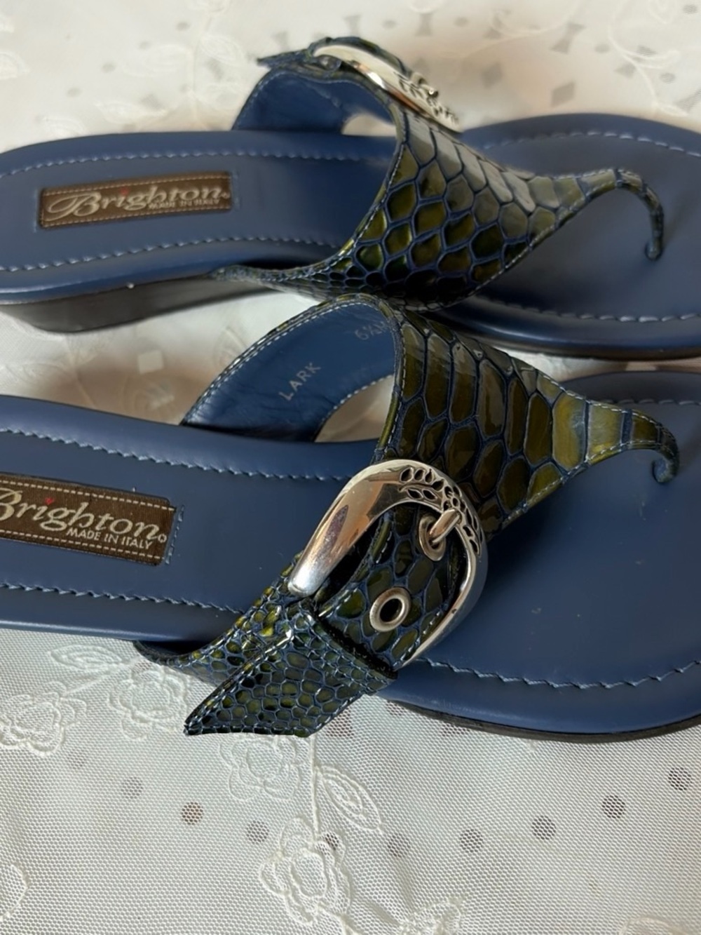 Brighton Navy Blue and Olive Green Snakeskin-Pattern Sandals - Picture 5 of 7